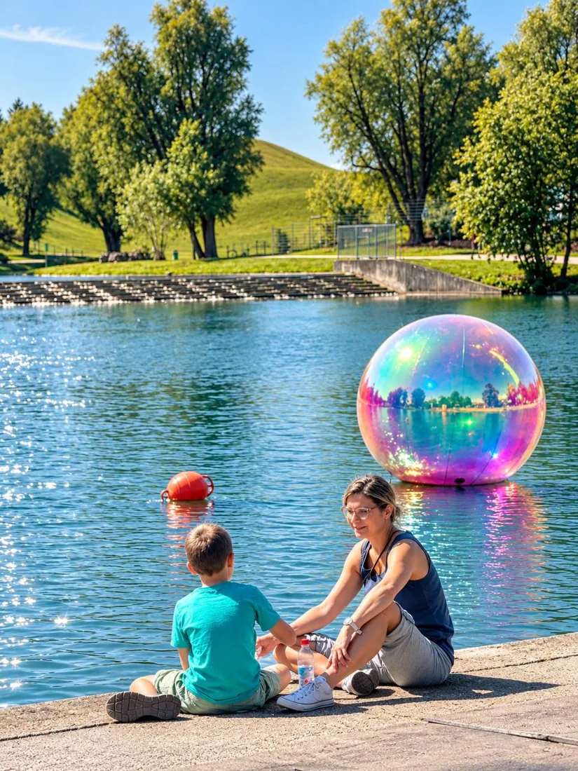 Nicole sitzt mit einem Kind am Wasser